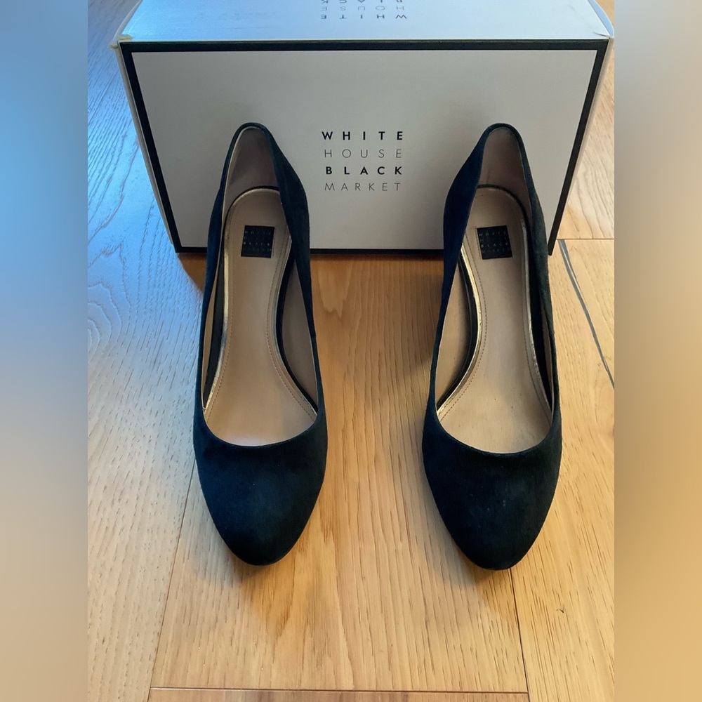 White House Black Market Classic Black Suede Block Heel Pumps, Size 8.5